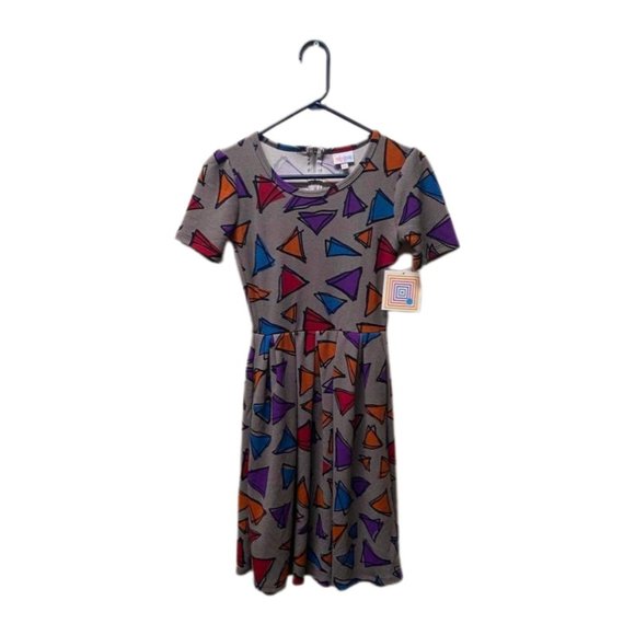 Lula Roe Gray Short-sleeve Amelia Dress with Multicolor Triangles, XXS, NWT - Picture 3 of 6